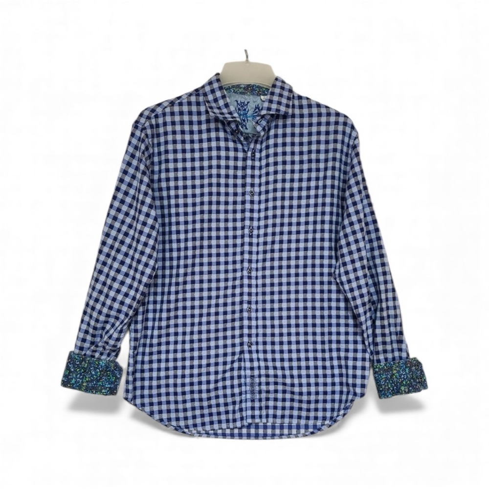 Robert Graham Men's SZ L Blue‎ Check Flip Cuff Long Sleeve Shirt Slim Fit